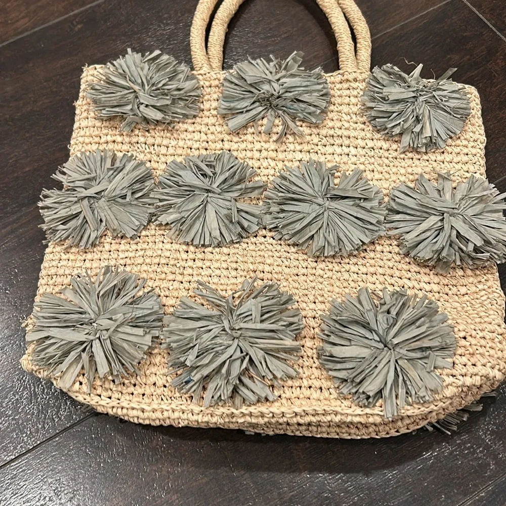 The Little Market Straw Bag Gray Beige Handbag PomPom New without Tags